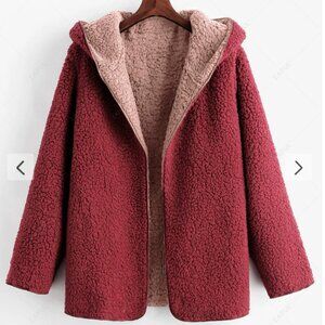 New With Tags - Hooded Open Front Lamb Wool Teddy Coat